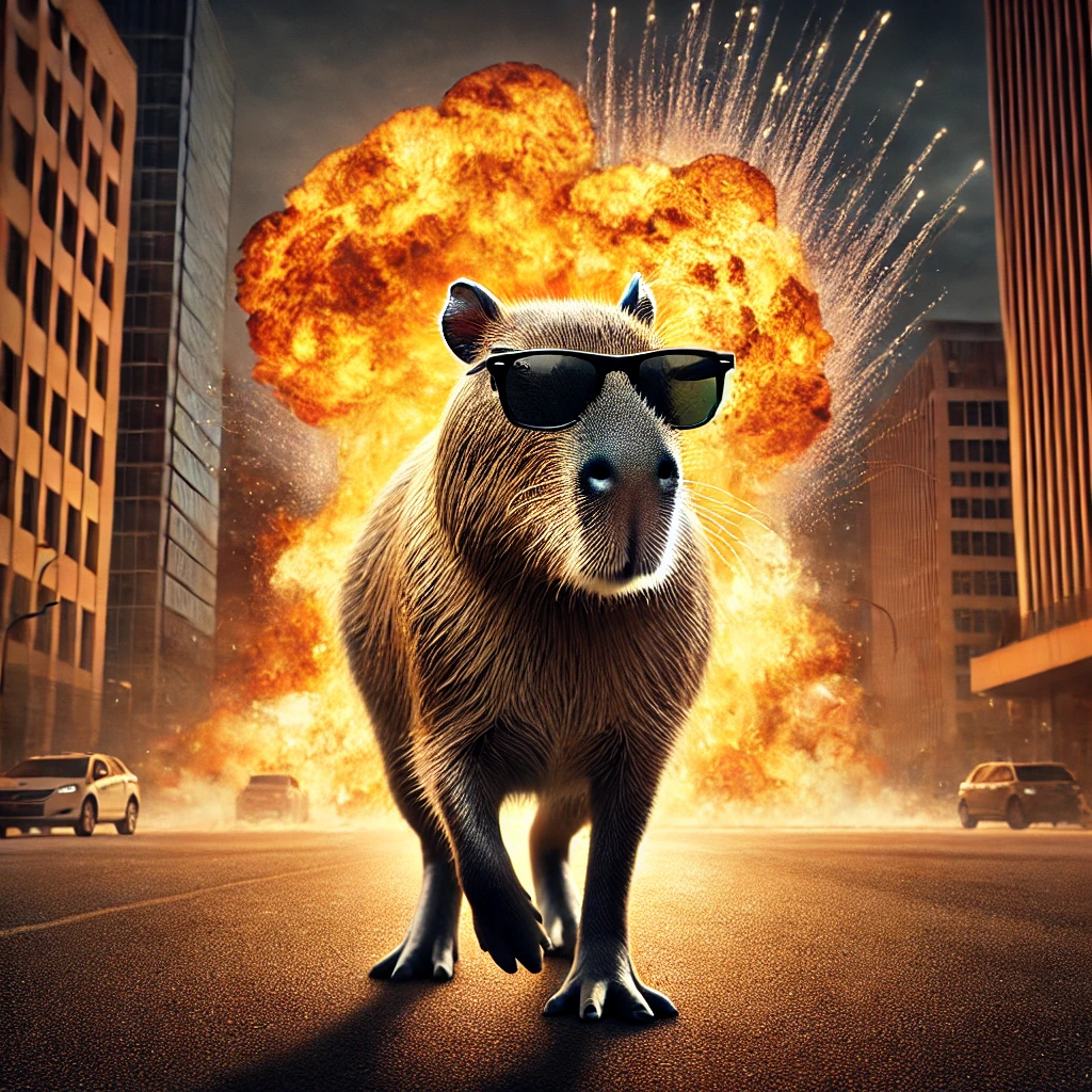 DALL-E image of an action hero capybara walking away from an explosion